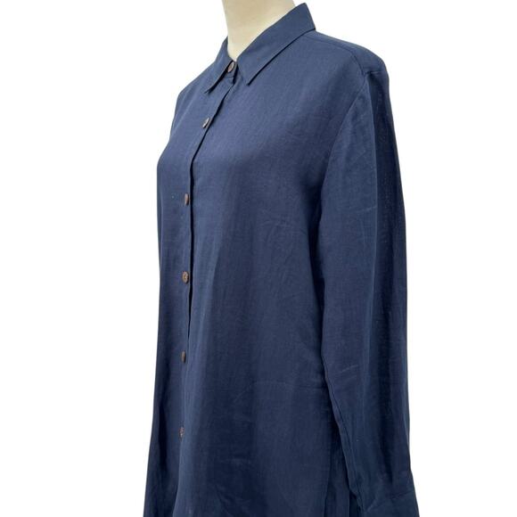 Go Silk Navy Blue 100% Linen Long Sleeves Button Front Shift Shirt Dress - Picture 7 of 13